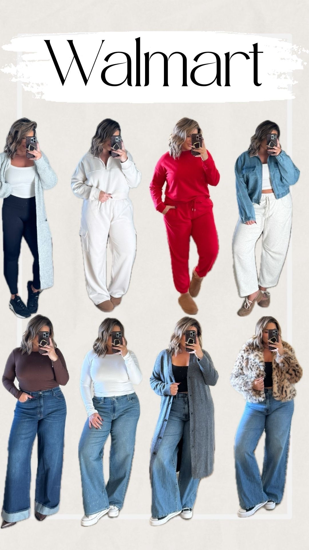 Top row left to right size info 
Leggings L , tank L , cardigan xl 
Cream set XL 
Red set L 
Barrel sweat pants xl , tank L , jacket xl 
Bottom row 
Brown top L , jeans 12 
Rhinestone jeans xl but the waist is huge just heads up. 
White long sold out linked similar 
Black tank L , jeans 12 , grey cardigan xl 
Leopard coat L 


#LTKFindsUnder50 #LTKHoliday #LTKFindsUnder100