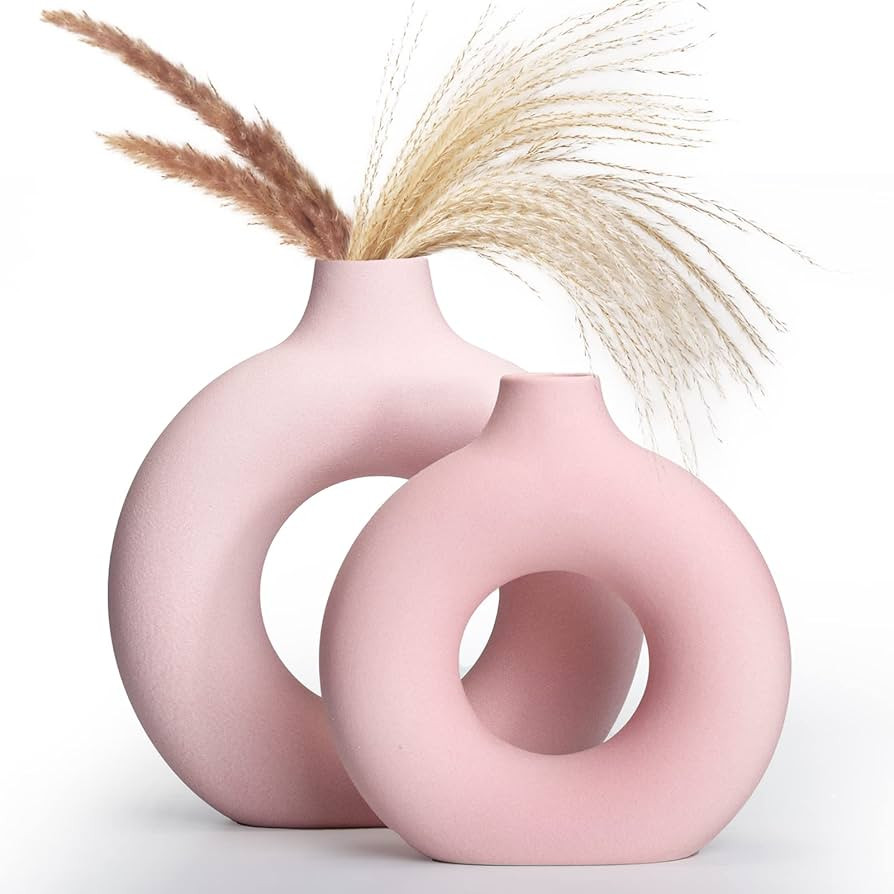 2-Pack Light Pink Ceramic Vase for Modern Home Decor, Round Matte Pampas Flower Vases Minimalist ... | Amazon (US)