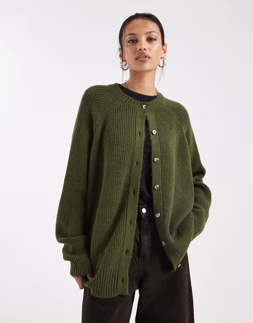 ASOS DESIGN knit raglan cardigan in olive-Green | ASOS (Global)