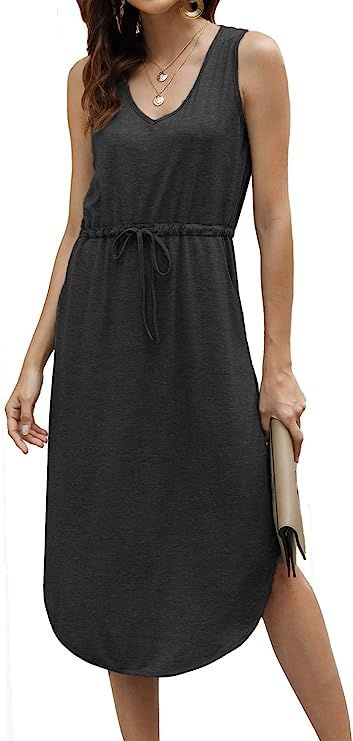 Hount Womens V Neck Sleeveless Casual T Shirt Dress Summer Swing Midi Dress with Pockets | Amazon (US)