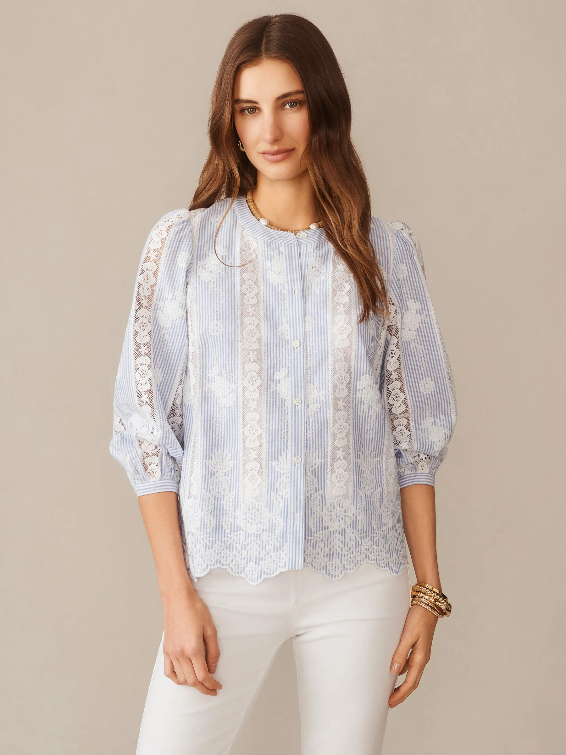 White/Blue Stripe Alice Blouse | Women's Tops | J.McLaughlin | J.McLaughlin