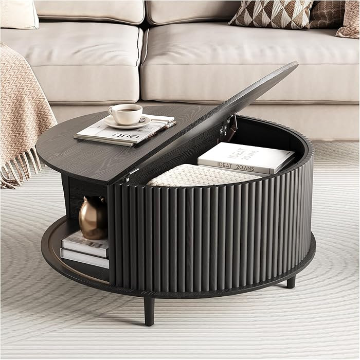 Round Coffee Table with Storage, Black Round Modern Coffee Table with Sliding Door, 31.5" Small C... | Amazon (US)