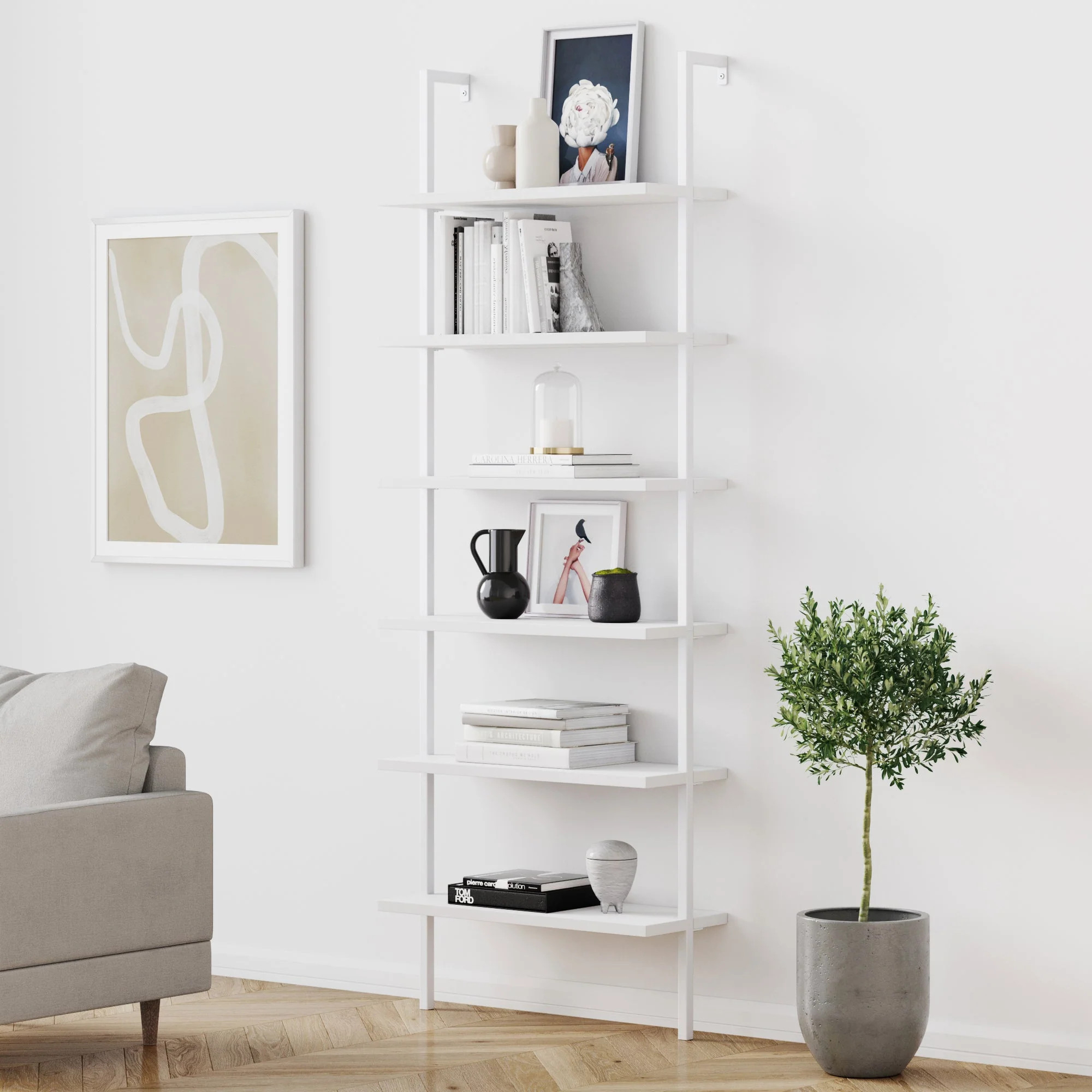 6-Shelf Ladder Bookshelf White | Nathan James