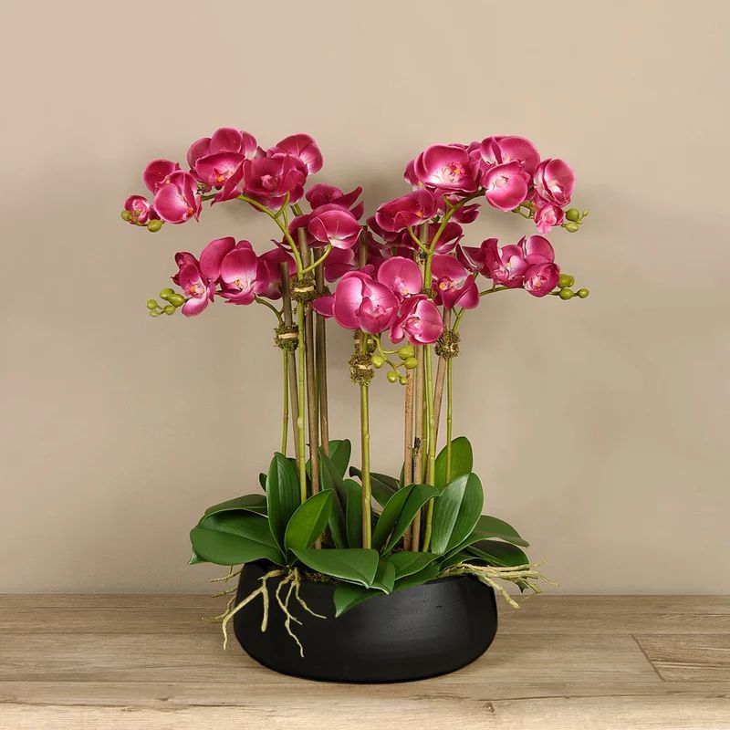 Vivian Rose Shop Artificial Floral Arrangement Centerpiece With Pink Orchids In Black Planter - Blac | Verishop