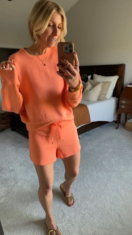Mother’s Day Gift Idea, the perfect summer weekend look! This matching cozy set is everything! 
I love this gorgeous pop of coral for the warmer months. I am wearing my true to size small in the shorts, & sized up to a medium in the pullover for an oversized fit.
👏🏻 use my code: SARAHKELLYXSPANX for 10% off + free shipping!! 

#LTKVideo #LTKActive #LTKover40