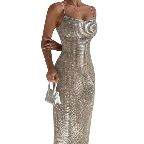Women's Sequins Midi Dress Sexy Back Slit Spaghetti Strap Bodycon Long Dress Summer Sparkly Party... | Amazon (US)
