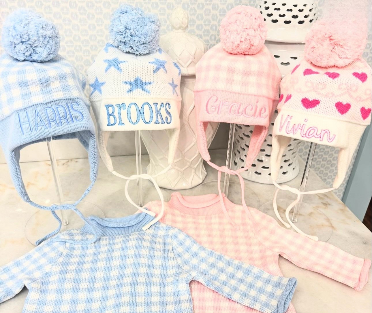 ordered one of these cute knit pom pom with ear flaps hat for my little girl! thought they’d be great for the cooler weather and especially to send to preschool with her since it’ll already be “labeled” and have her name on it #winterhat 

#LTKSeasonal #LTKBaby #LTKKids