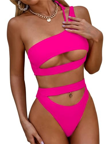 Lilosy Petite Cutout One Shoulder High Waisted Cut Leg Thong Brazilian Bikini Swimsuit Set Women Cheeky Bottom Bathing Suit 2 Piece Knotted Neon Hot Pink X-Small | Amazon (US)