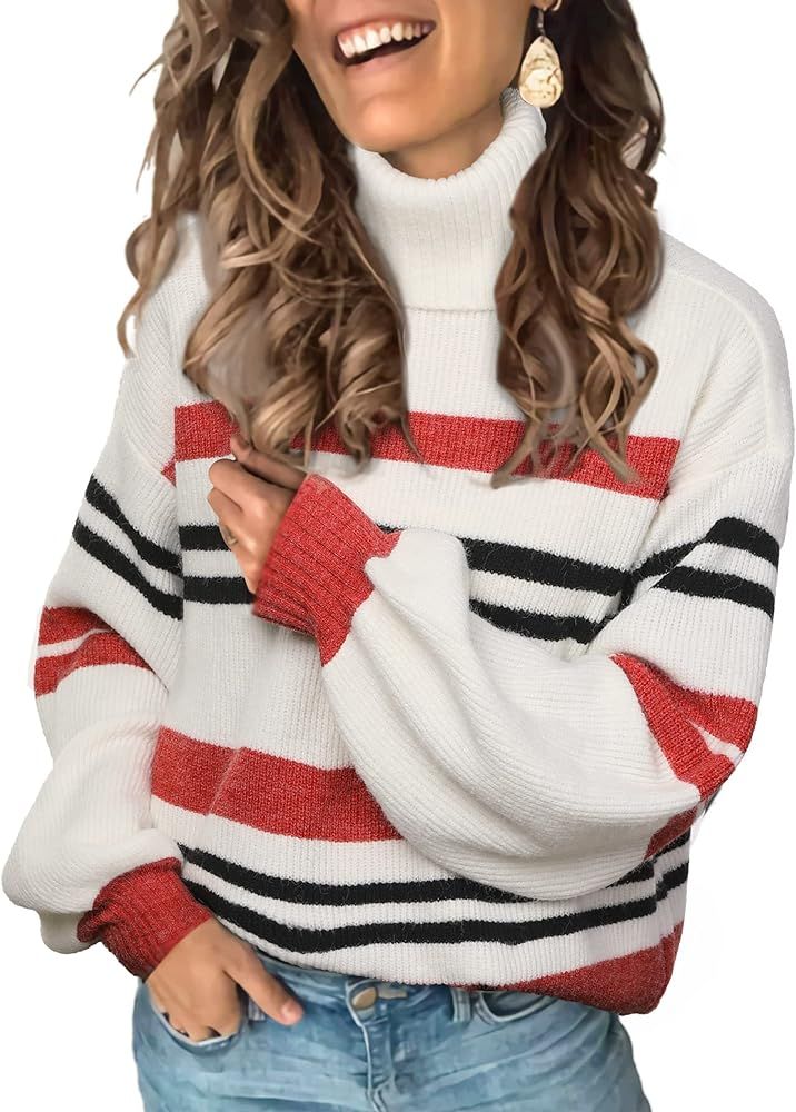 VecKneck Women's Turtleneck Sweaters Long Sleeve Color Block Striped Knit Sweater Casual Pullover... | Amazon (US)