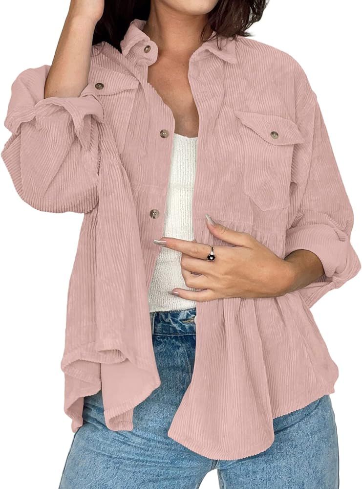 REVETRO Womens Corduroy Jacket Shacket Button Down Shirt Oversized Long Sleeve Babydoll Blouses T... | Amazon (US)