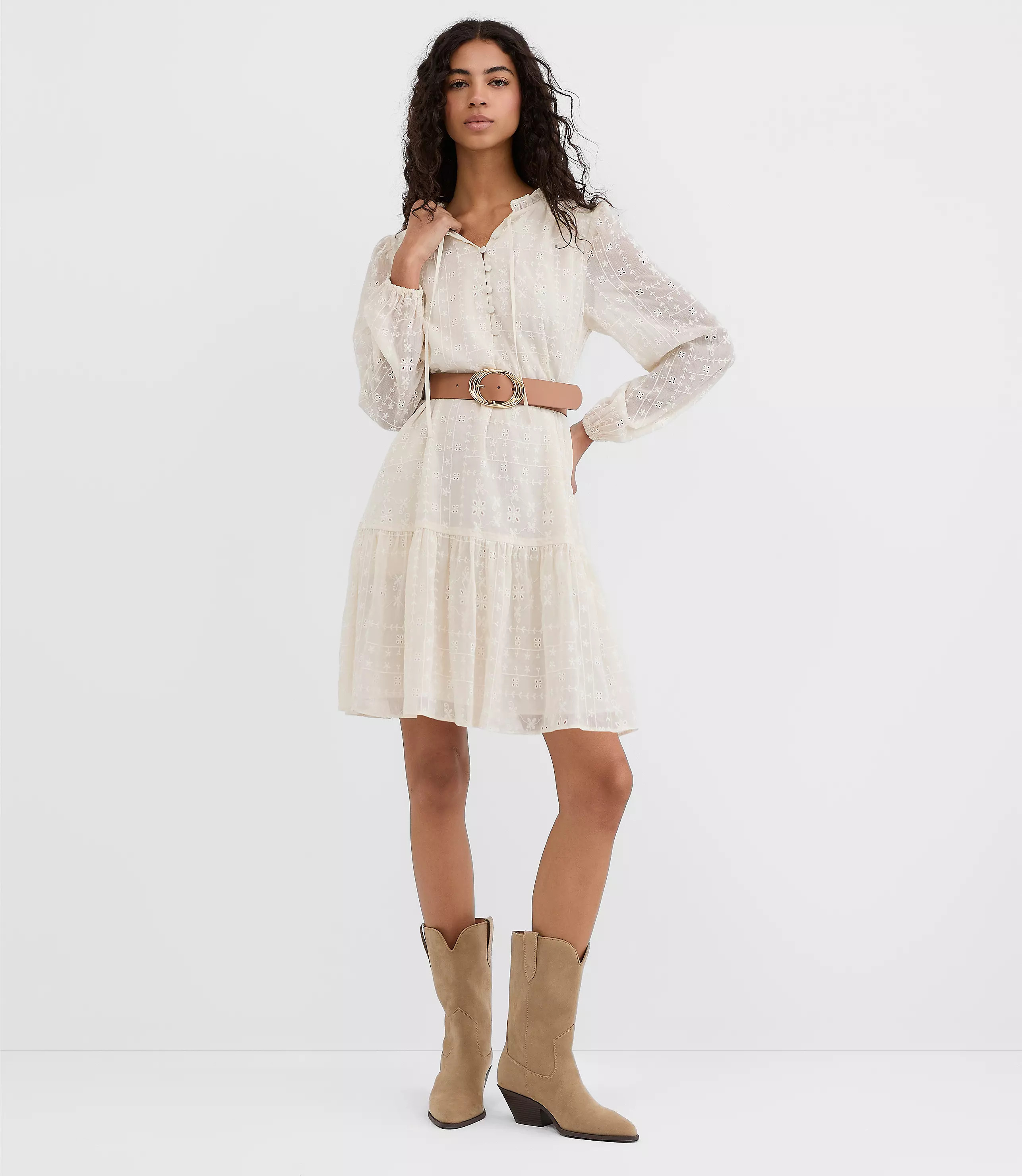 Petite Eyelet Tie Neck Flounce Mini Pocket Dress | LOFT