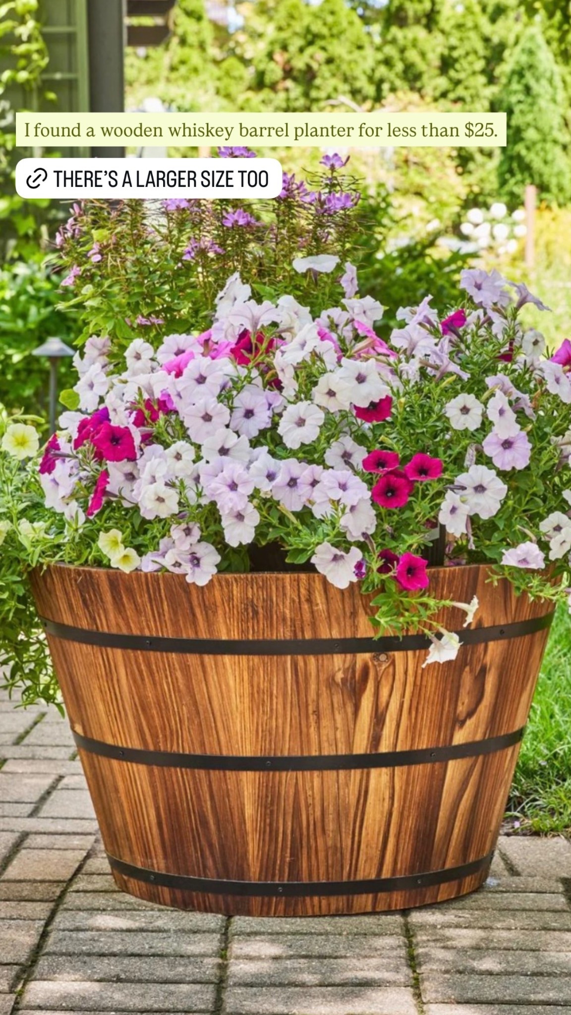 I found a wooden whiskey barrel planter for less than $25.