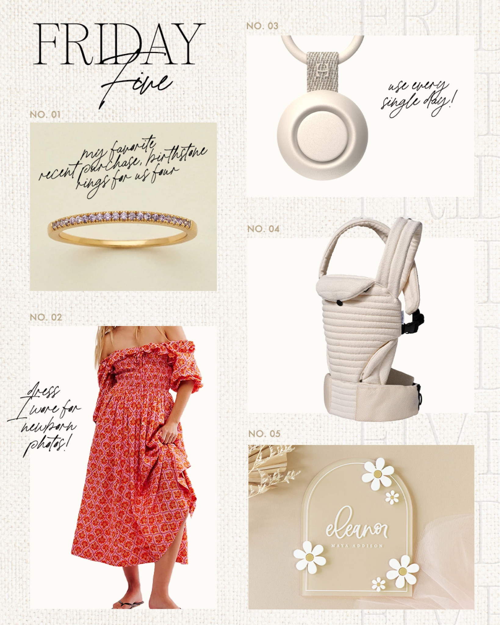 Friday five!! Everything we’ve been using & recent faves 🤍🤍🤍🥰

Friday 5, Friday faves, Friday finds, birthstone rings, made by Mary, gold rings, everyday rings, newborn carrier, Bumpsuit carrier, hatch go sound machine, name milestone card, Etsy find 

#LTKFindsUnder100 #LTKFamily #LTKBaby