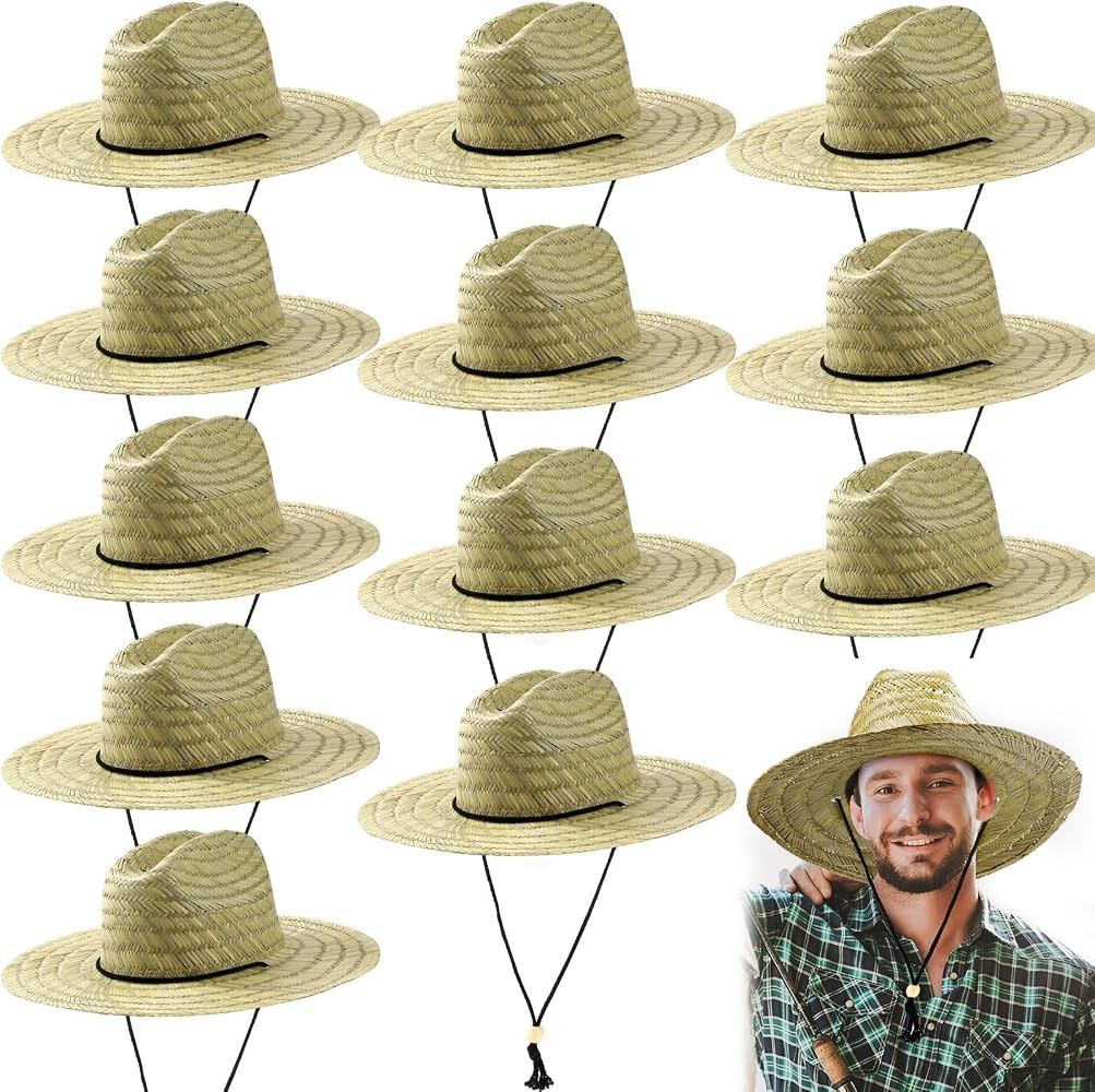 Funtery 12 Pack Straw Hat for Men Summer Large Brim Farmer Beach Sun Protection Straw Hat with La... | Amazon (US)