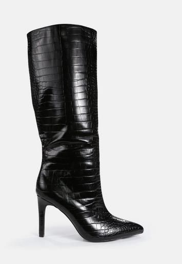 Black Mock Croc Tubular Calf Stiletto Boots | Missguided (US & CA)