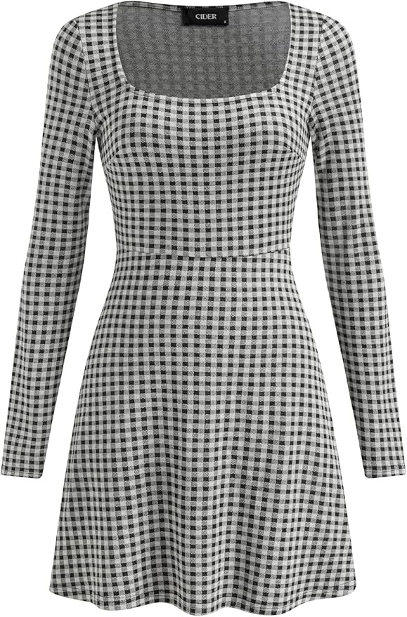 CIDER Gingham Long Sleeve Dress Square Neck A Line Mini Dress | Amazon (US)