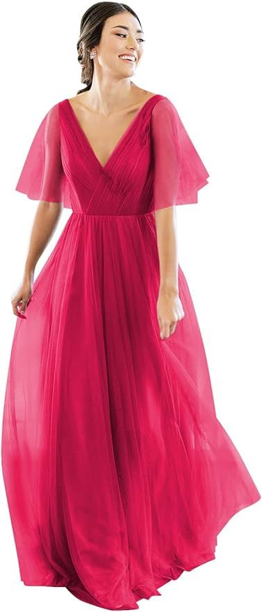 V Neck Short Sleeves Formal Dresses for Women Tulle Bridesmaid Dresses Long for Wedding Backless ... | Amazon (US)