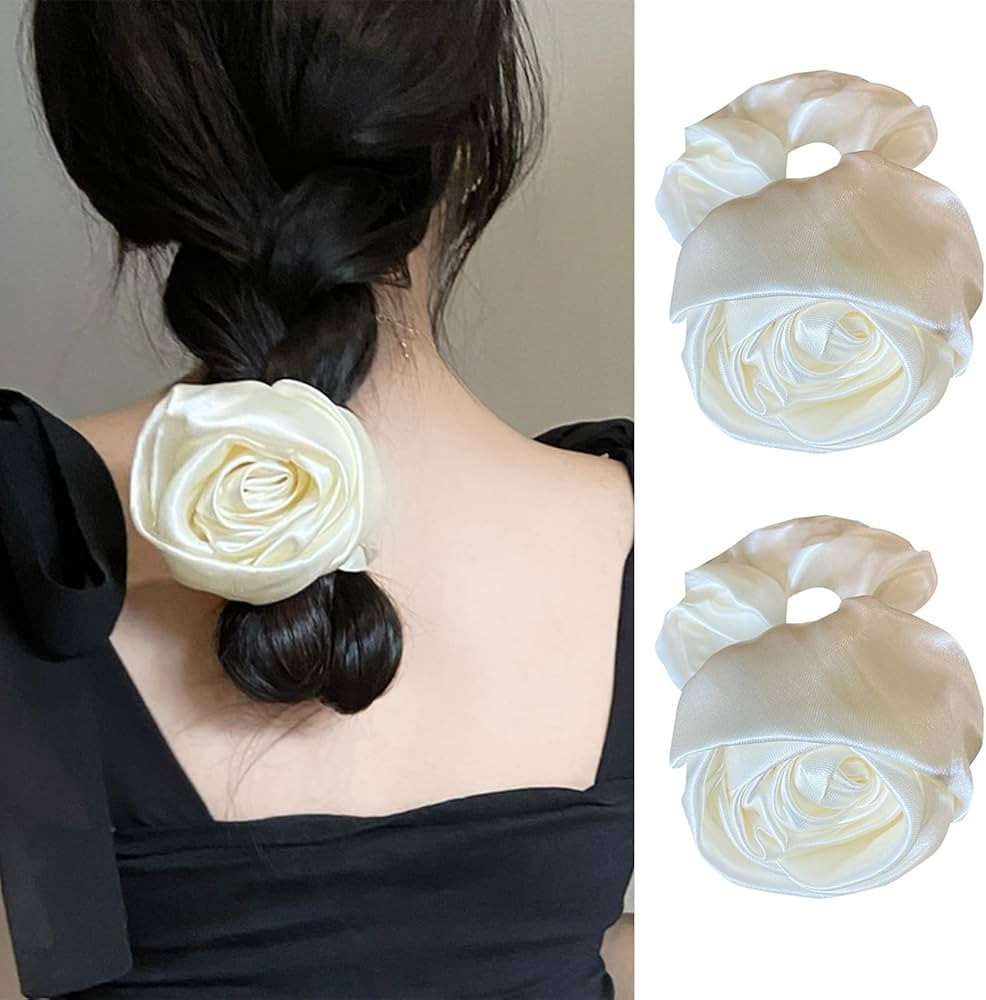 2 Pcs White Rose Hair Rings Flower Hair Ties for Women Girls Satin Hair Ropes Bridal Hair Accesso... | Amazon (US)