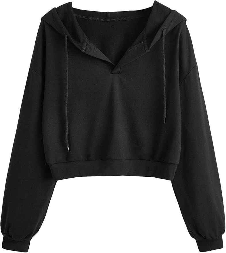 Verdusa Women's Long Sleeve Drop Shoulder Drawstring Crop Hoodie Sweatshirt Black M at Amazon Wom... | Amazon (US)