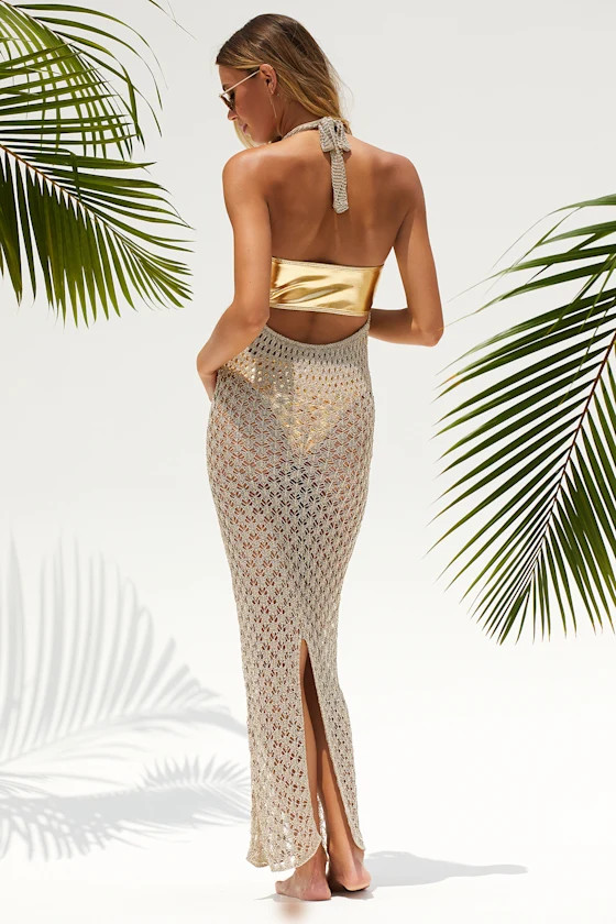 Shining Sands Gold Metallic Crochet Halter Maxi Swim Cover-Up | Lulus (US)