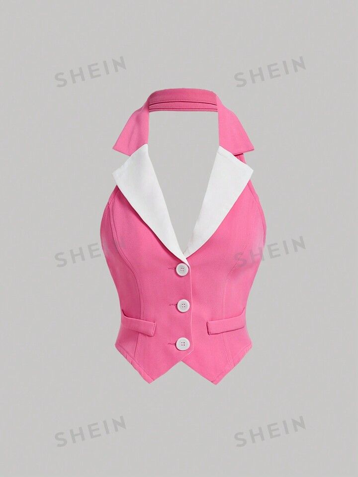 SHEIN MOD Ladies' Notch Collar Color Block Waistcoat Blazer Jacket | SHEIN