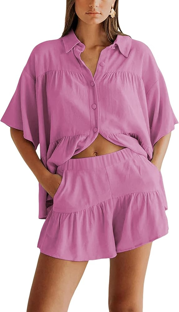 Qiaomai Womens 2 Piece Outfits Summer Ruffled Shirt and High Waist Shorts Matching Set (RoseRed-L... | Amazon (US)