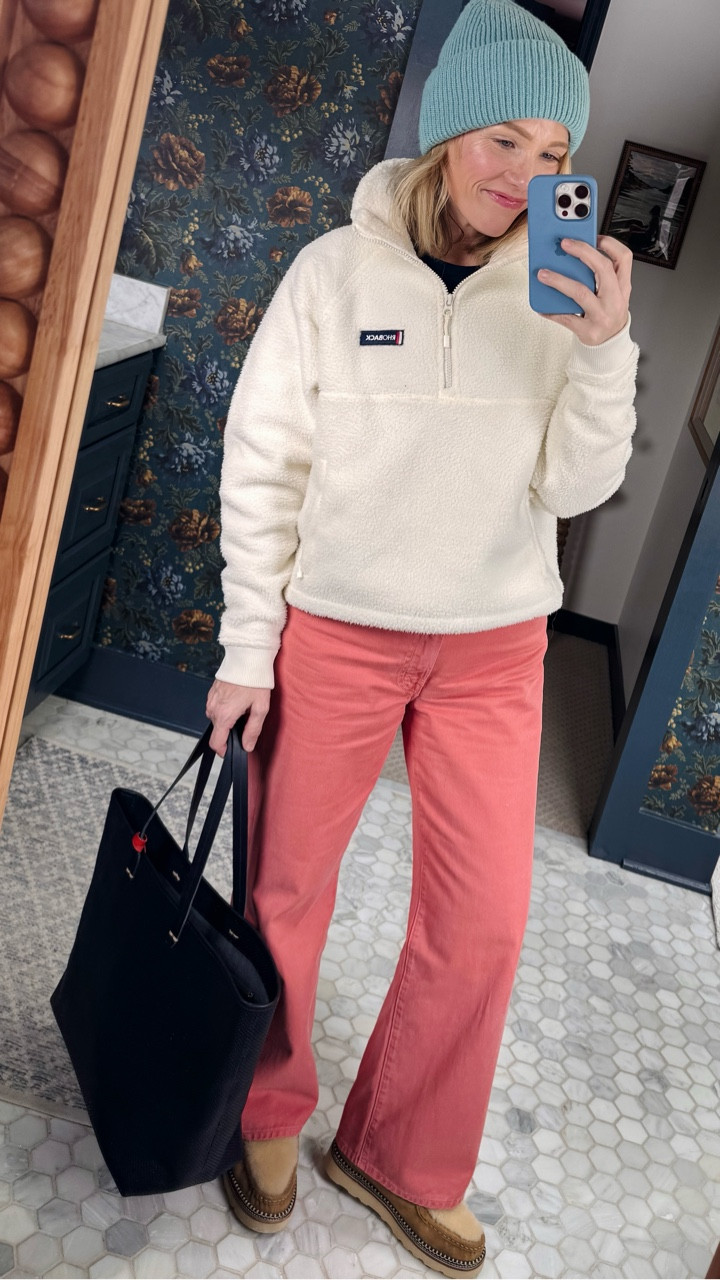 Clare V structured navy tote is now 40% off! Mother Dodge Ankle jean in canyon clay, a beautiful washed coral color, easy fit wearing my regular size but if in between go down, do wrinkle a bit during the day, i'm 5'3 ~ Freda Salvador boots so cute, cozy & comfortable! more colors, wearing my regular size ~ J.Crew fitted layering tee & more colors in my Rhoback fleece, wearing my regular size small in both. Hat is last season but linked newer options ~ everyday Bauble Bar easrring stack ~ Merit flush balm in LeBonBon on cheeks & lips with Tower28 gloss in coconut layered on top ~ eby underwear size up to medium ~ pepper bras are my favorite ~ xo, Claire 

#LTKgrwm #LTKootd #LTKSaleAlert