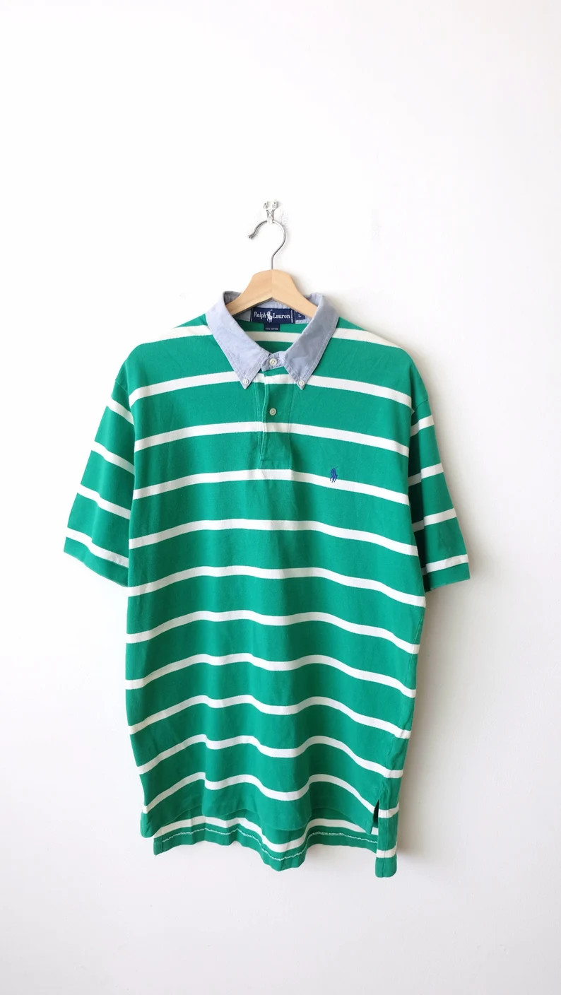 Polo Ralph Lauren Green/white Striped Short Sleeve Polo Shirt/collared Shirt/men's L - Etsy | Etsy (US)