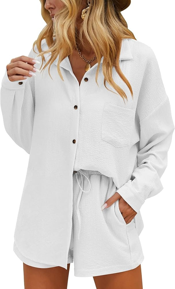 Ekouaer Women Pajama Sets 2 Piece Summer Lounge Sets utton Down Shirts and Casual Shorts with Poc... | Amazon (US)