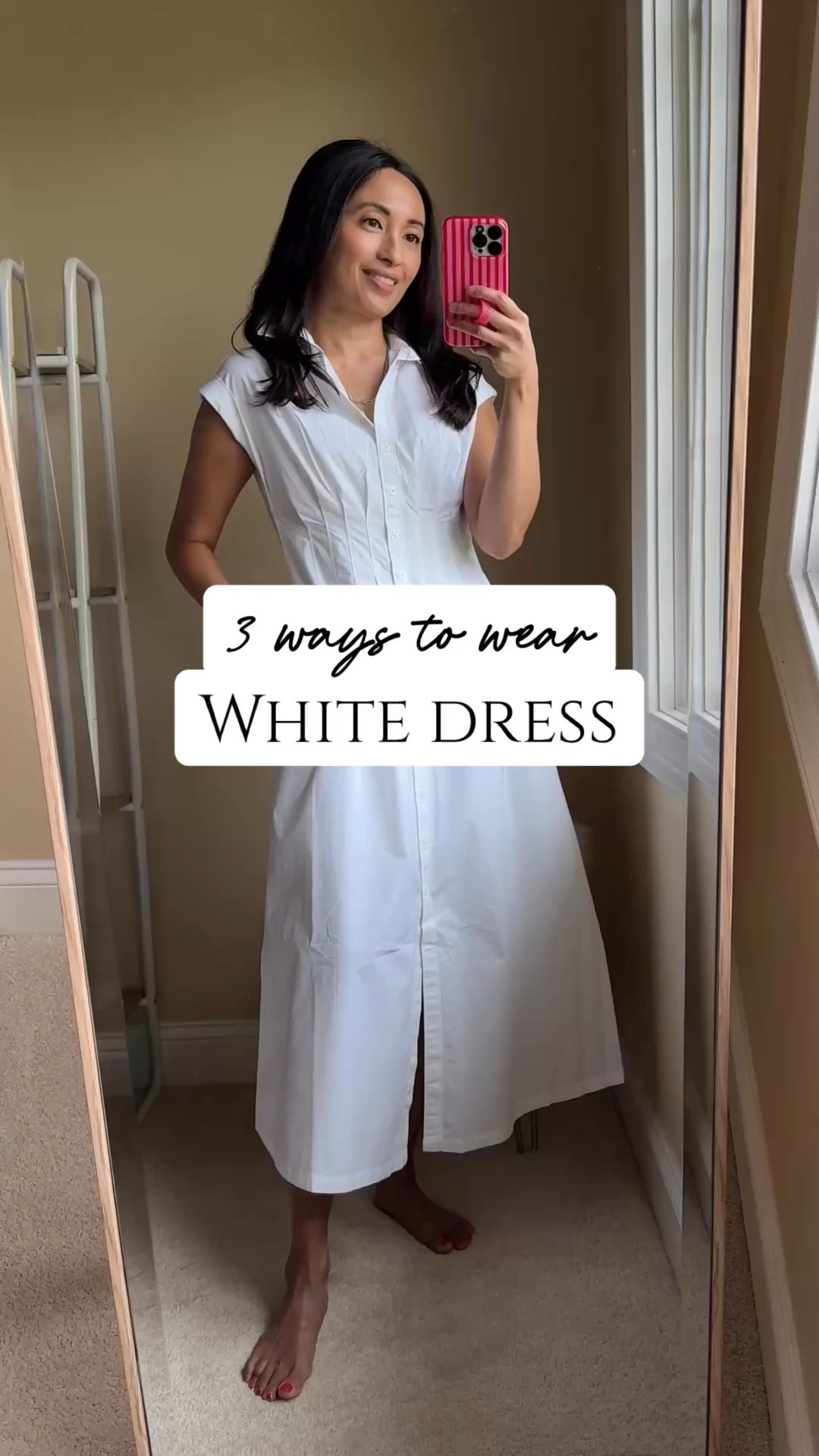 3 Ways to Wear a White Dress. 
1) Straw tote bag and clear strap sandals 
2) Clutch and strappy heeled sandals
3) Ballet sneakers, sporty crossbody bag, baseball cap
This exact all cotton poplin dress comes with a built in slip. Flattering fit, timeless shirtdress style. 
(Also comes in black and brown stripe)
True to size. 