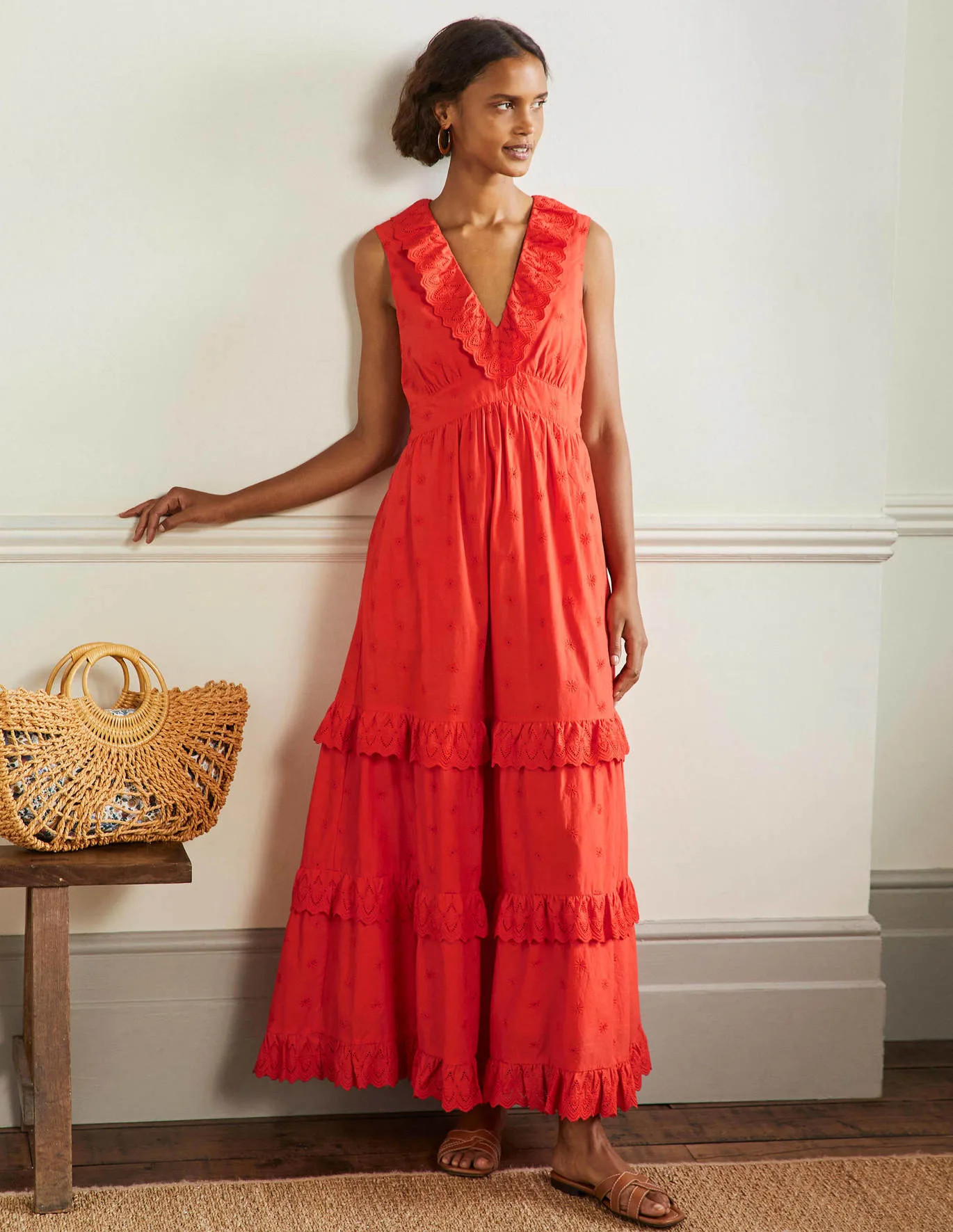 Broderie Ruffle Maxi Dress - Bright Papaya | Boden US | Boden (US)