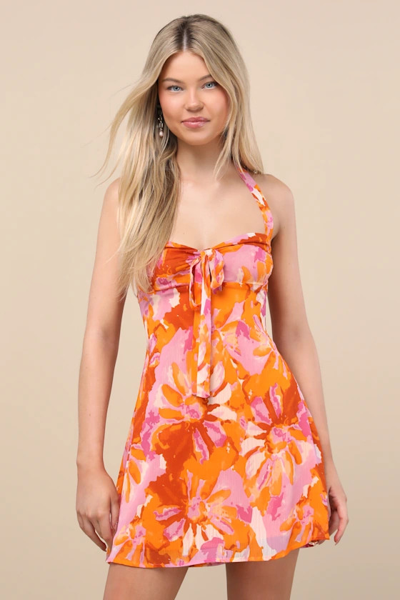 Sabine Orange Multi Floral Halter Mini Dress | Lulus