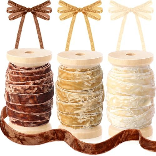 Chuangdi 3 Rolls Crushed Velvet Ribbon 3/8" x 15 Yards with Wooden Spool Luxury Vintage Velvet Ri... | Amazon (US)