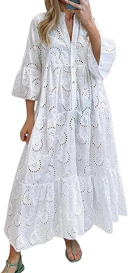 ThCreasa Womens V Neck Eyelet Embroidery Maxi Dresses Lace 3/4 Trumpet Sleeve Button Hollow Tiere... | Amazon (US)