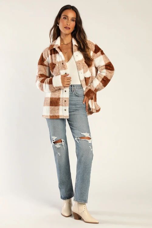 Plaid You Came Brown and White Plaid Fuzzy Shacket | Lulus (US)