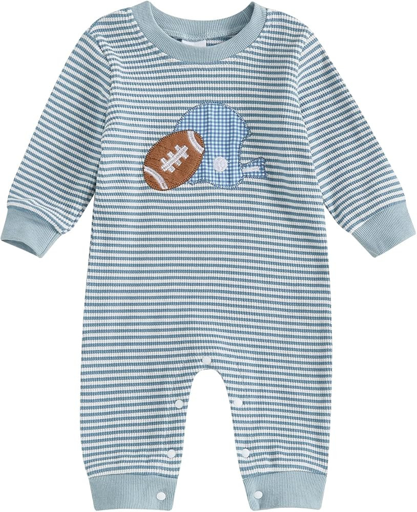 Karuedoo Newborn Baby Boy Girl Football Outfit Rugby Embroidery Stripe Romper Waffle Knit Long Sl... | Amazon (US)