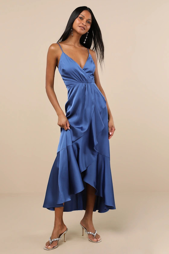 Enchanted Moments Blue Satin Ruffled High-Low Dress | Lulus