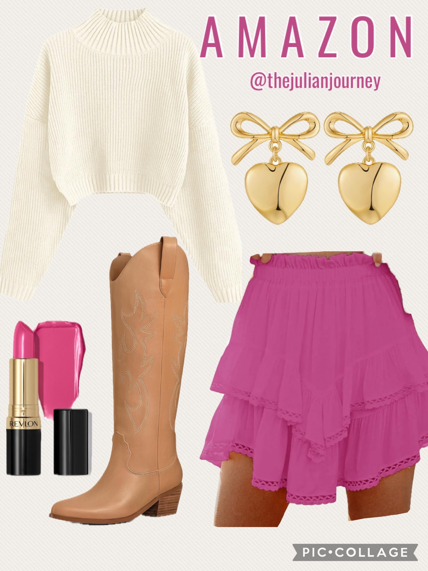 Amazon Valentine’s Day outfit idea 🩷 Brown cowboy boots, frilly skirt, cream sweater, heart earrings 