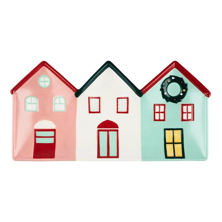 Holiday Time 14" Multicolor Holiday Houses-Shaped Glazed Earthenware Serving Tray | Walmart (US)