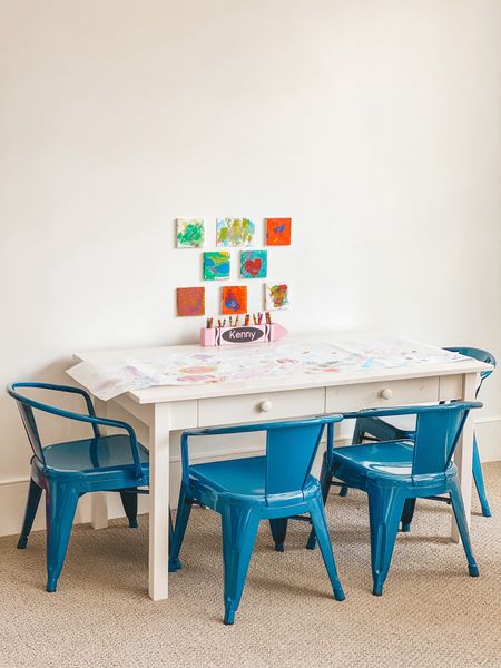 Playroom craft corner. Love this pottery barn kids table with storage and craft paper roll holder. It’s been such a great investment. Paired with Amazon metal farmhouse kids chairs and Etsy personalized crayon holder. 

#kidsdecor #playroom #playroomdecor

#LTKhome #LTKfamily #LTKkids