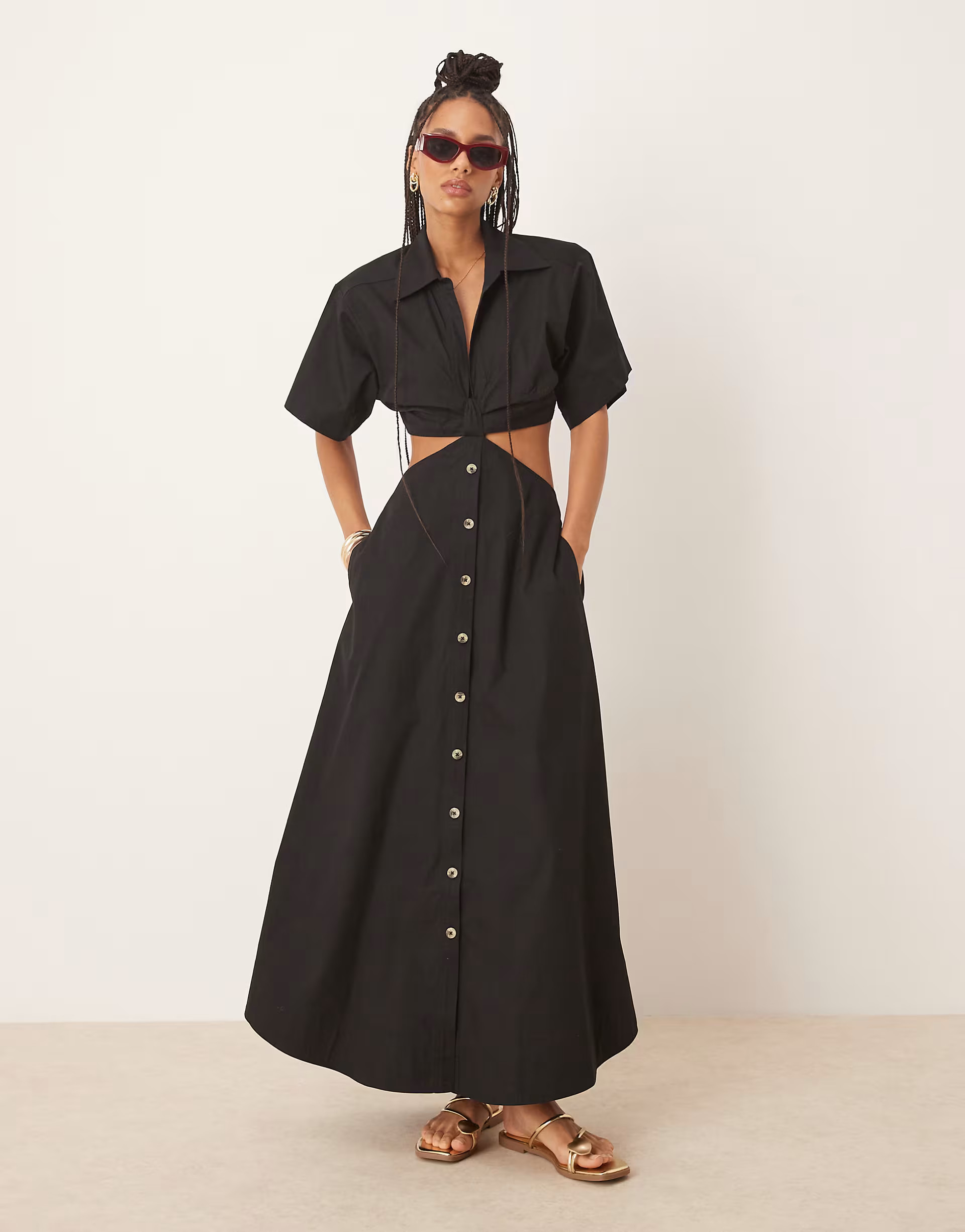 ASOS DESIGN v neck cut out waist midi dress in black | ASOS (Global)