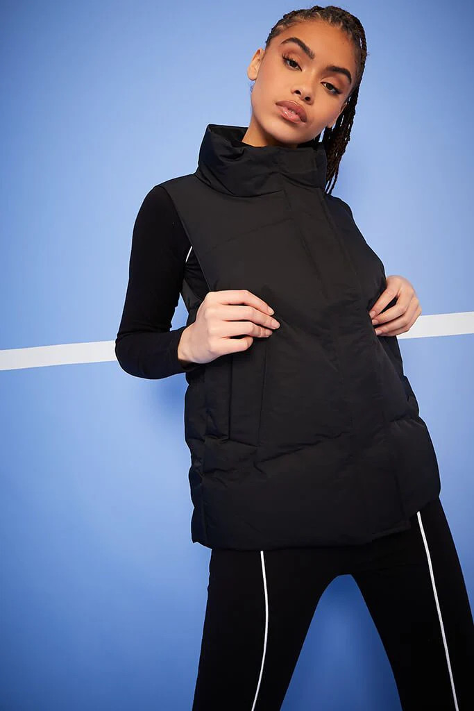 Black Funnel Neck Padded Gilet | ISAWITFIRST