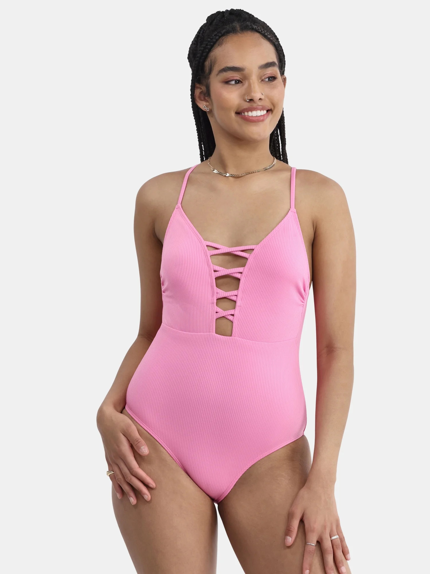 No Boundaries Ribbed Lace Up One-Piece Swimsuit, Women's | Walmart (US)