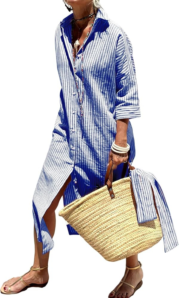 Women's Vertical Striped 3/4 Sleeve Button Down Straight Long Midi Dresses | Amazon (CA)