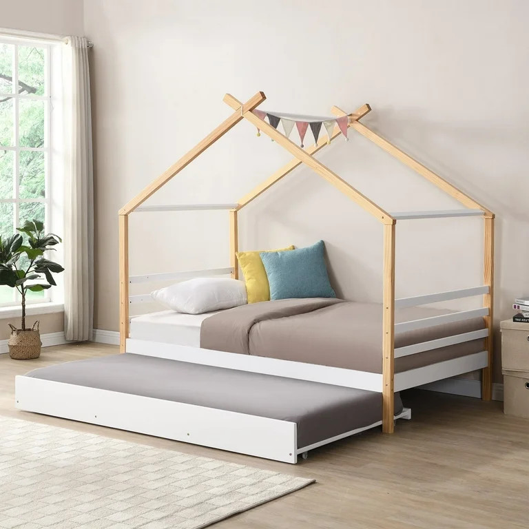 Twin Size Daybed with Trundle, Gexpusm Solid Wood Daybed Frame with Roof, Bedroom Living Room Twi... | Walmart (US)
