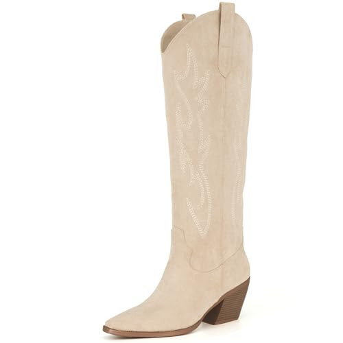 iiimmu Western Boots Women Knee High Pointed Toe and Chunky Low Heel Suede Cowboy Boots with Embroidered, Beige, Size 12 | Amazon (US)