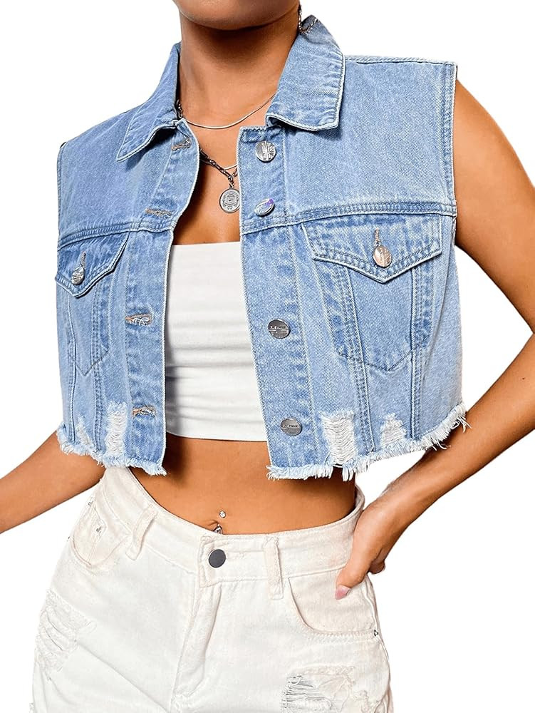 Verdusa Women's Ripped Raw Hem Sleeveless Button Up Crop Denim Vest Jean Outerwear | Amazon (US)