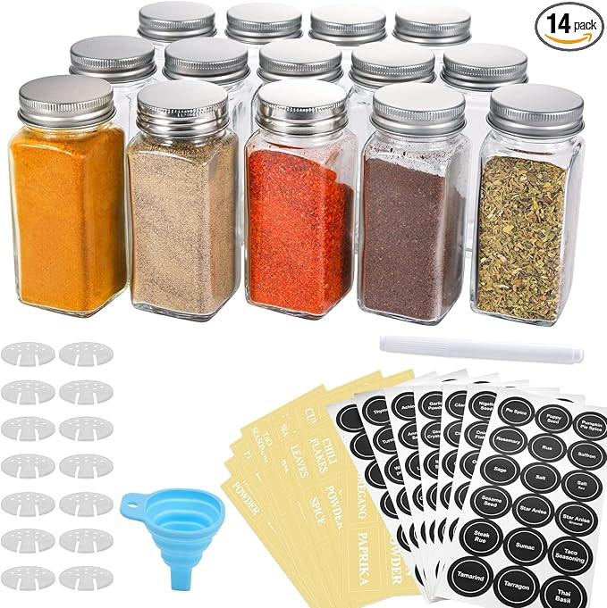 AOZITA Glass Spice Jars (Pack of 14), Transparent | Square | Shaker Lids, Airtight Metal Caps | C... | Amazon (US)