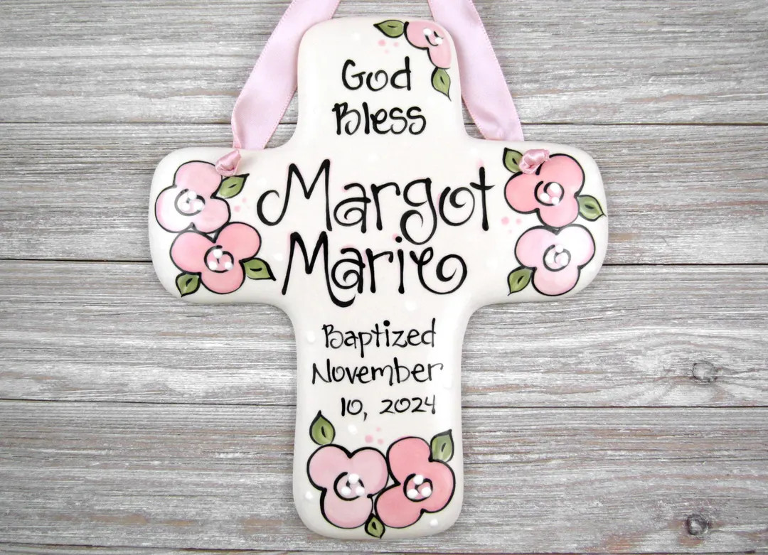 Personalized Baptism Cross with Flowers in Pink and Coral for Girls | Etsy (US)