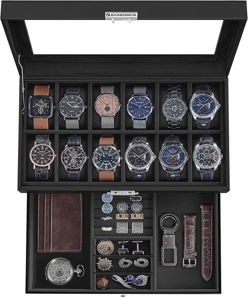 SONGMICS 12-Slot Watch Box, Lockable Watch Case with Glass Lid, 2 Layers, with 1 Drawer for Rings... | Amazon (US)